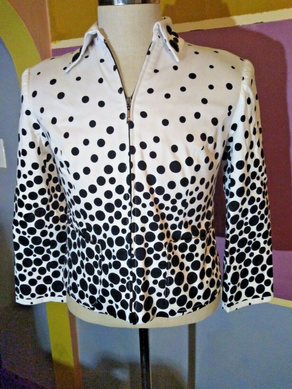 ISABEL USA Zip Blazer Jacket White with Various size Black Polka Dots M